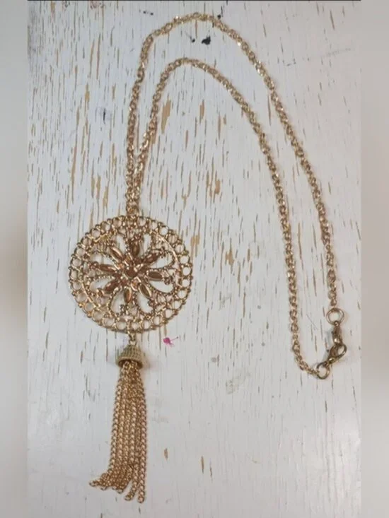 Single Gold Chain Long Necklace with Gold Sun Medallion Pendant & Tassel - Picture 1 of 4